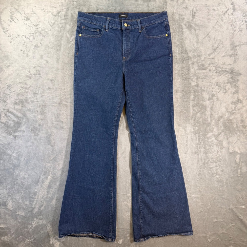 EXPRESS 70s Flare Mid Rise Jeans Women's Size 12 R Blue Dark Wash Denim Pants